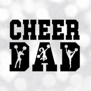 Sports Clipart: Black Bold Varsity Style Words "Cheer" and "Dad" with Cheerleader Silhouettes Cutout - Digital Download svg png dxf pdf