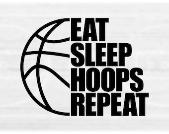 Sports Clipart: Half Black Basketball Outline with Words &quot;Eat Sleep Hoops Repeat&quot; - Players Parents Coaches Teams - Digital Download SVG/PNG