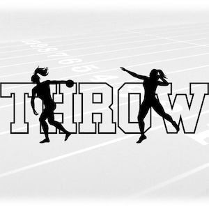 Sports Clipart: Track & Field Black Outline Word "THROW" w/ Female Discus and Shot Put Thrower Silhouettes, Digital Download svg png dxf pdf