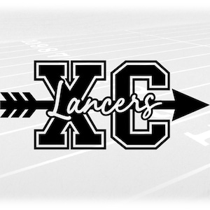 Sports Clipart: Thick Black Varsity Letters "XC" with Arrow for Cross Country and Team Name "Lancers", Digital Download svg png dxf pdf