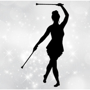 Shape Clipart: Black SIlhouette of Marching BandTwirler, Majorette, or Rhythmic Dancer with Two Batons - Digital Download svg png dxf pdf