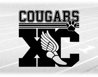 May include: Black and white graphic design with the text "COUGARS" above a stylized "XC" with a running shoe and wing design. The design is set against a gray background.