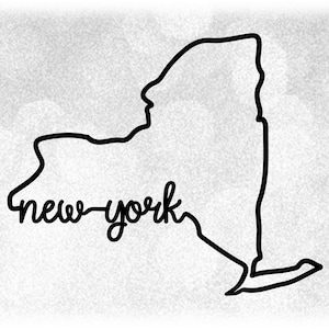 Geographie Clipart: Schwarze Silhouette Umriss des Bundesstaates New York, USA, Beschriftet mit dem Namen des Bundesstaates am Rand - Digitaler Download SVG & PNG