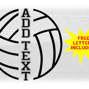 Könnte beinhalten: Schwarz-weißes Volleyball-Grafik mit dem Text "ADD TEXT" in einer vertikalen Spalte. Der Text ist in einer fetten, Blockschrift. Ein gelber Stern mit dem Text "FREE LETTERS INCLUDED!" in roter Schrift.