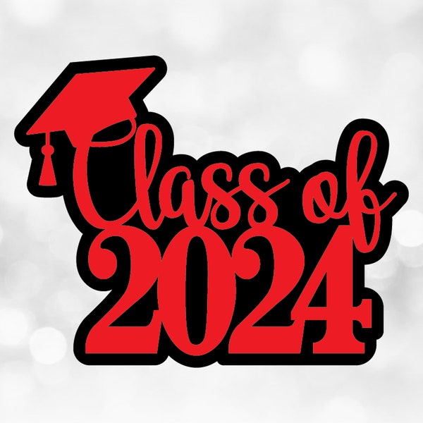 Educational Clipart: Red Words "Class of 2024" with Cap on Black Background for Cake Topper/Other Decor - Digital Download svg png dxf pdf