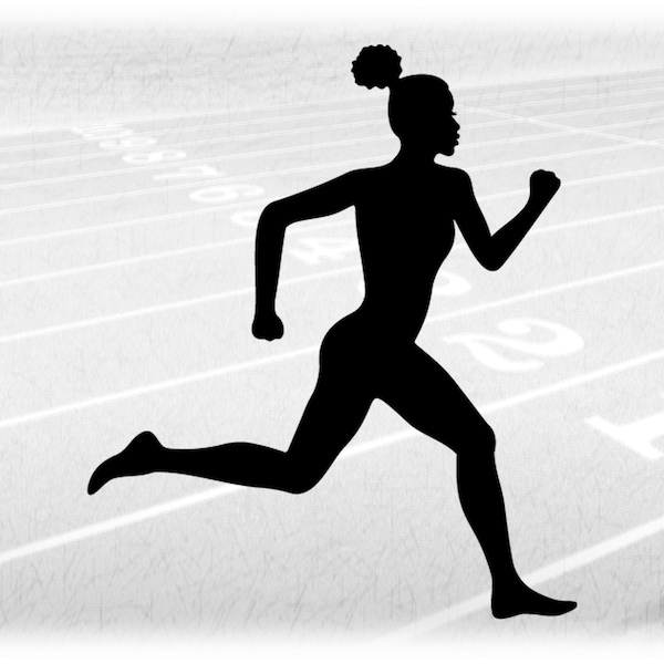 Sports Clipart: Simple Black Silhouette of African Female / Woman Runner with Pony Tail in Running Stance - Digital Download svg png dxf pdf