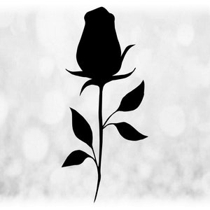 Imágenes prediseñadas de la naturaleza: negro grande sólo simple, fácil, elegante, hermosa rosa bud en el tallo con hojas decorativas - Descarga digital SVG & PNG
