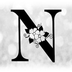 Word Clipart: Schwarzer FormalEr Großbuchstaben "N" mit Floralen / Blumenakzenten - Farbe ändern mit eigener Software - Digitaler Download SVG & PNG