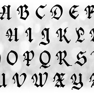 以下が含まれることがあります： ゴシック体で書かれた英語のアルファベットの白黒画像です。