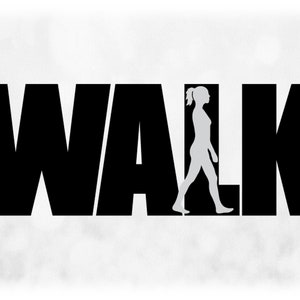 Sports Clipart: Black Word "WALK" with Gray Overlay Silhouette of Female Walking, Strolling, or Hiking - Digital Download svg png dxf pdf