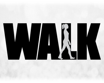 Sports Clipart: Black Word "WALK" with Gray Overlay Silhouette of Female Walking, Strolling, or Hiking - Digital Download svg png dxf pdf