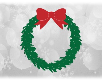 Holiday Clipart:  Green Evergreen Wreath of Branches and Leaves with Red Bow on Top - Christmas Theme Digital Download Format SVG & PNG