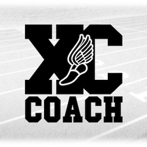 Sports Clipart: Bold Black Cross Country "XC" with Wing Track Shoe Cutout and Varsity Style Word "Coach" - Digital Download svg png dxf pdf
