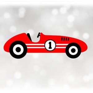 May include: A red race car with a white number "1" on the side. The car has black wheels and white stripes.