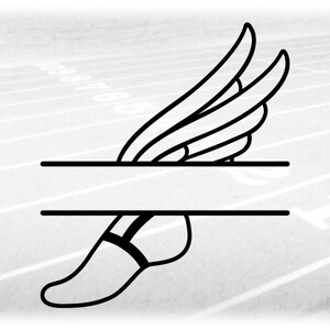 May include: Black and white line art illustration of a winged foot with a split monogram design. The foot is depicted with a wing on the side and a line across the middle for text.