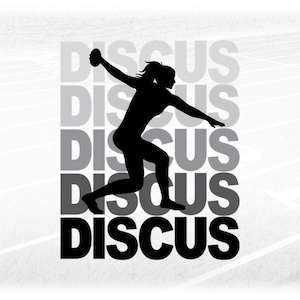 Sports Clipart: Track & Field - Gray Shaded Words "Discus" with Black Female Thrower Silhouette Overlay - Digital Download svg png dxf pdf