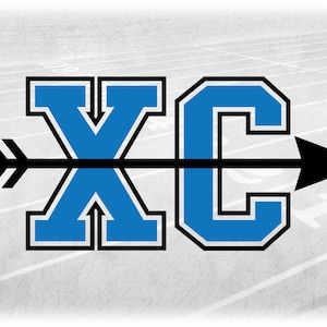 Clipart de esportes: letras pretas em camadas em negrito azul "XC" para cross country com seta no meio - download digital SVG e PNG