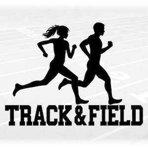 Sports Clipart: Words "Track & Field" with Silhouette of Male and Female Athletes Running Together - Digital Download svg png dxf pdf