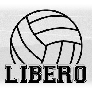 Imágenes prediseñadas deportivas: Black Bold Half Volleyball Silhouette Outline w/ Word "Libero" en estilo college type (defensa) - Descarga digital SVG & PNG