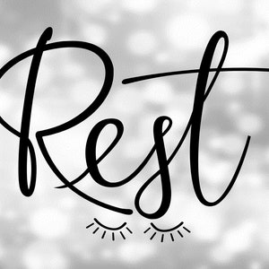 Inspirierende Clipart: Feine und ausgefallene schwarze Kursiv / Skript großgeschrieben Wort "Rest" mit verschlafenen geschlossenen Augen - Digital Download SVG & PNG