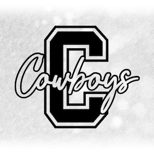 Sports Clipart: Black Script "Cowboys" Team Name Cutout of Large Varsity Style Capital Letter "C" - Digital Download svg png dxf pdf