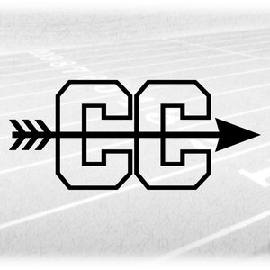 Sports Clipart: Black Letter Outlines of "CC" Standing for Cross Country Layered on Top of Arrow in Middle Digital Download svg png dxf pdf