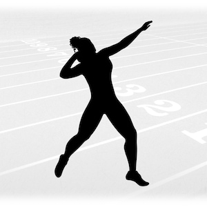 May include: A black silhouette of a person performing the shot put on a white track. The image shows the athlete in motion, with the arm extended. White track lines and numbers are visible.