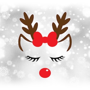 Clipart: Mädchen oder Rentier mit geschlossenen Augen, Wimpern, Ohren, Geweih, rote Schleife/Nase für Weihnachten - Digital Download SVG & PNG