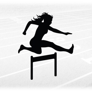 Sports Clipart: Black Silhouette of Track & Field Female / Woman Hurdler Jumping Hurdle, Hurdling Event - Digital Download svg png dxf pdf