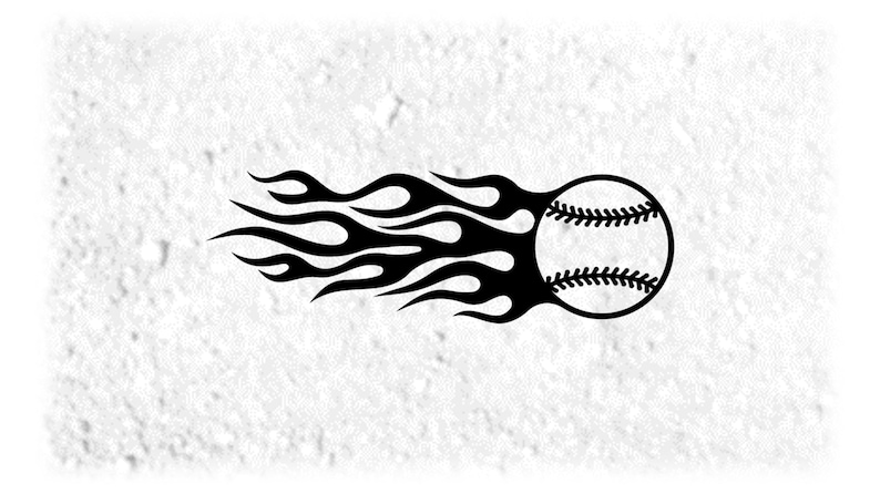 May include: Black and white illustration of a baseball on fire. The baseball has white stitching and is surrounded by flames.
