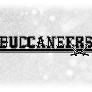 Sports Clipart: Black Bold "Buccaneers" Team Name in Varsity Style above Stripes with Swords Cutout - Digital Download svg png dxf pdf