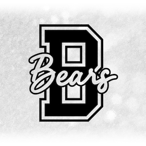May include: Black and white graphic of a stylized letter "B" with the word "Bears" written in a cursive font.