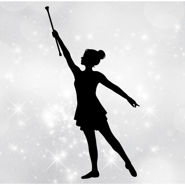 Sports Clipart: Black Silhouette Female Baton Twirler or Majorette Holding Baton up in the Air Above Head - Digital Download svg png dxf pdf