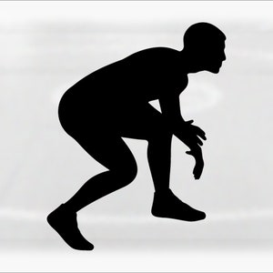 May include: Silhouette of a person in a low athletic stance, with one leg bent and the other straight, arms bent at the elbows, hands near the ground.