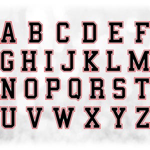 Clipart esportivo: modelos de letras do alfabeto agrupados em uma única folha - camada preta sobre branca sobre vermelha - download digital SVG, fonte NÃO instalável