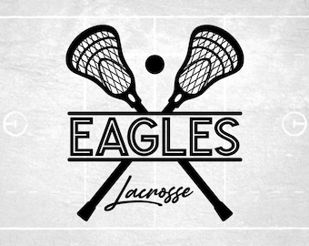 Sports Clipart: Split Crossed Lacrosse Sticks and Ball w/ Team Name "Eagles" and Script Word "Lacrosse" - Digital Download svg png dxf pdf