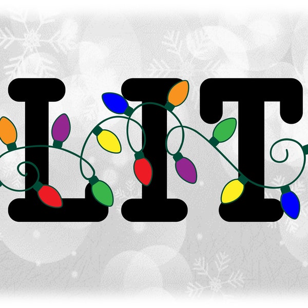 Holiday Clipart: Swirly Strand / String of Christmas Light Bulbs Layered on Top of Black Letters Spelling "LIT" - Digital Download SVG & PNG