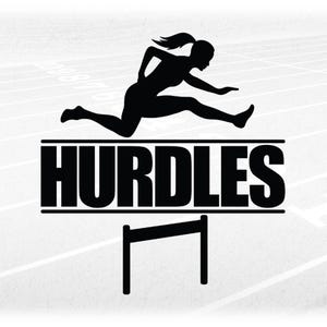 Sports Clipart: Word "Hurdles" inside Black Silhouette of Track & Field Female / Woman Hurdler Jumping - Digital Download svg png dxf pdf