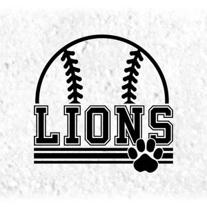 Sports Clipart: Black Half Baseball/Softball with "Lions" Team Mascot Name with Paw Silhouette - Digital Download svg png dxf pdf