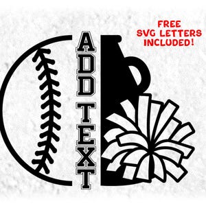 Sports Clipart: Black Half Softball / Baseball and Half Cheer Megaphone and Pom Outline for Cheerleaders - Digital Download svg png dxf pdf