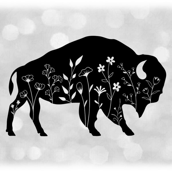 Animal Clipart:  Solid Buffalo or Bison Silhouette with Cutout Wildflowers- Change Color w/ Your Software - Digital Download svg png dxf pdf