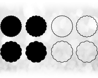Shape Clipart: Four Easy Black Scalloped Circles in Solid and Outline on a Single Sheet - Change Color Yourself - Digital Download SVG & PNG