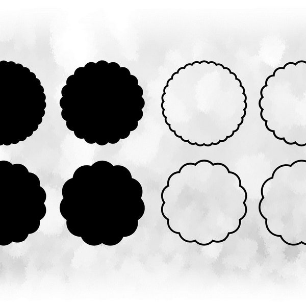 Shape Clipart: Four Easy Black Scalloped Circles in Solid and Outline on a Single Sheet - Change Color Yourself - Digital Download SVG & PNG