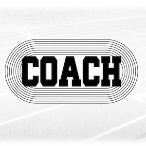 Sports Clipart: Black Track & Field Word "Coach" in Bold College Letters over Track Lane Silhouette - Digital Download svg png dxf  pdf