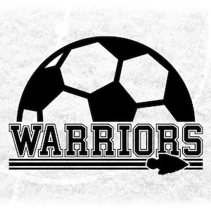 Sports Clipart: Black Half Soccer Ball with "Warriors" Team Mascot Name in Varsity Style with Arrowhead - Digital Download svg png dxf pdf