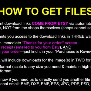 May include: A black and white text-based image with the title "How to Get Files" and instructions on how to download digital files from Etsy. The text explains that download links come from Etsy, not the shops themselves, and that Etsy provides download links in three ways: on the "Thanks for your order!" screen, in the receipt, and within your order history. The text also explains that the download link will include the image in two formats: SVG and PNG.
