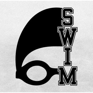 Sports Clipart: Black Half Swim Cap and Goggles with Word "SWIM" in Collegiate Varsity Outline Style - Digital Download svg png dxf pdf