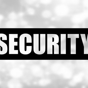 以下が含まれることがあります： 白黒の画像で、黒い長方形に白い文字で「SECURITY」と書かれている