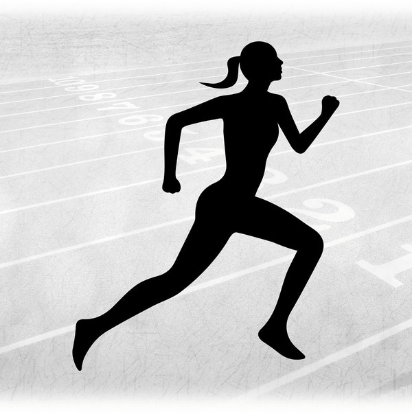 Sports Clipart: Black Silhouette of Female / Girl / Woman Runner with Ponytail Hair in Running Stance - Digital Download svg png dxf pdf