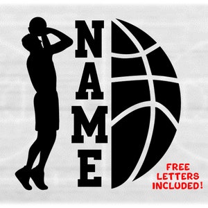 Sports Clipart: Black Bold Male Player Shooting Ball and Half Basketball Split Name Frame - You Add Text - Digital Download svg png dxf pdf